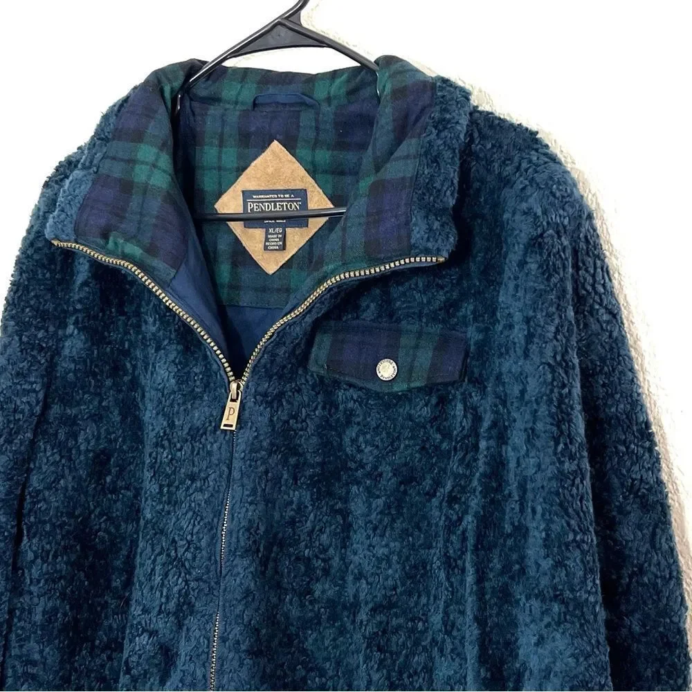 PENDLETON Coat Navy Blue Full Zip Teddy Jacket Wool Plaid Flannel Accents XL